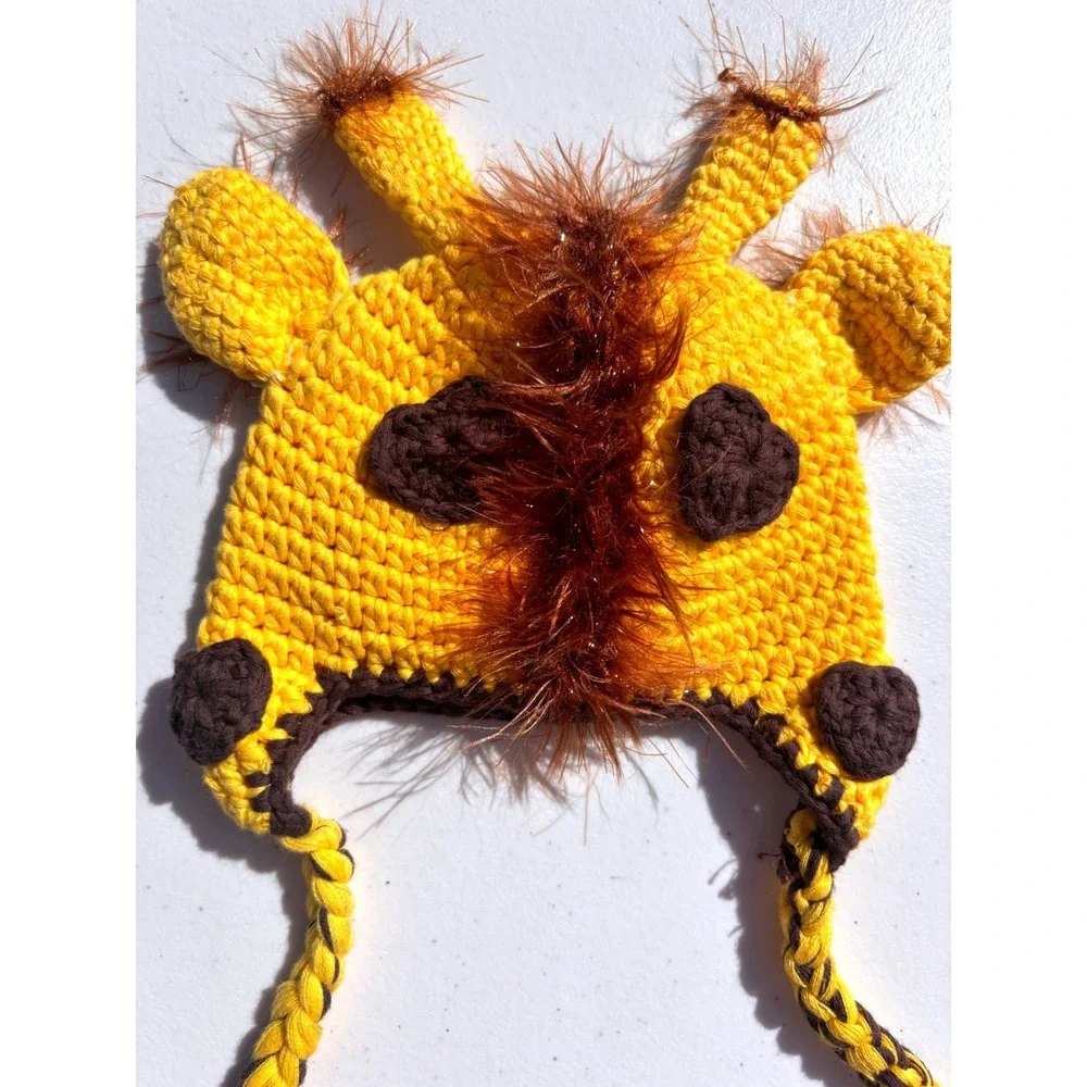 Newborn Giraffe Crochet Beanie Kids One Size Yellow Good Braided Earflap Hat